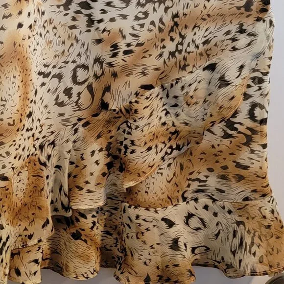 Leopard Print Pull On Chiffon Ruffled Calf Length Skirt - Picture 3 of 9
